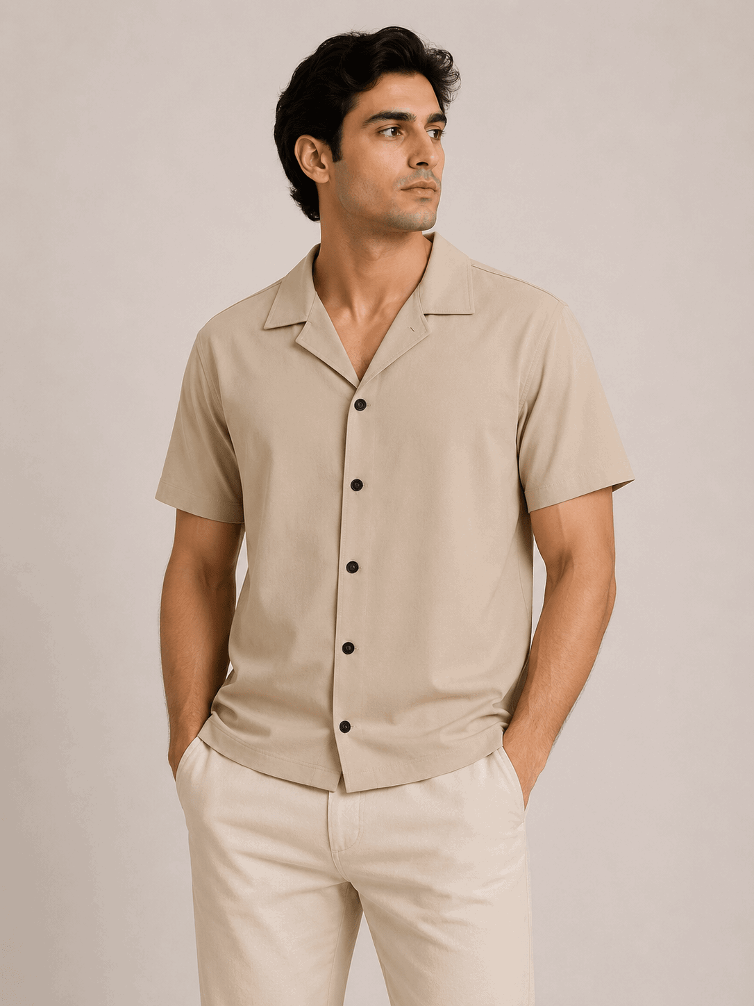 Men's Premium Camp Collar Shirt Beige